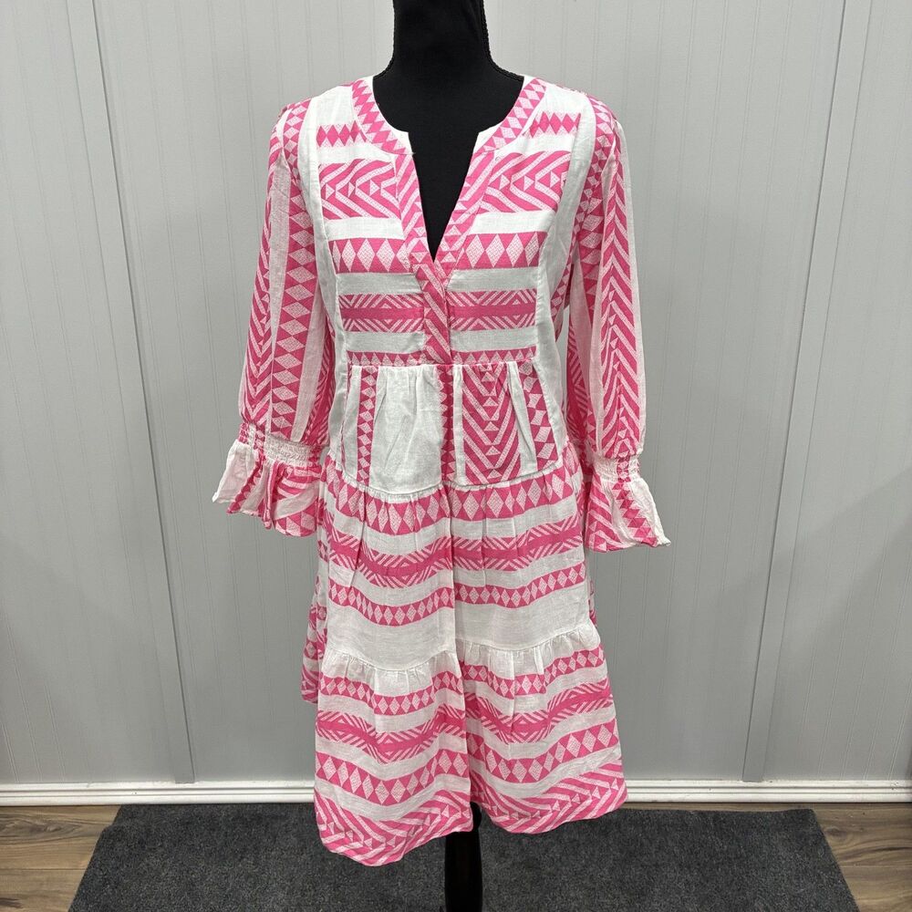 NWT Crown & Ivy Pink White Geometric Embroidery Bell Sleeve Tiered Dress XL